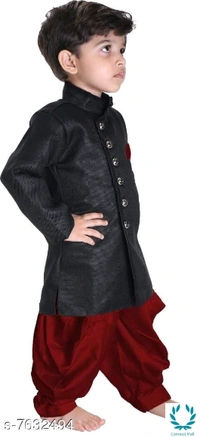 Just Creation Exclusive Hot Sherwani & Dhoti - 6-12 Months, Red/ Black, Cotton Blend, Pack Of :1